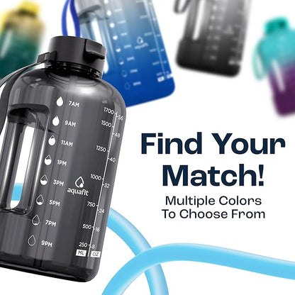 AQUAFIT 64 oz Water Bottle with Time Marker - Straw & Chug Lid - BPA Free Half Gallon Gym Water Bottle with Handle - Big Gallon Jug (Clarity, 64 Ounces)