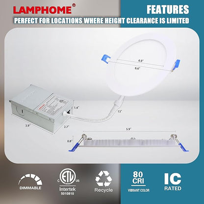 LAMPHOME 24-Pack of 6-Inch Slim LED Recessed Lights with Junction Box, Adjustable Color Temperatures (2700K-5000K), 12W Equivalent to 110W, Dimmable, 1050LM Brightness - ETL and Energy Star Certified