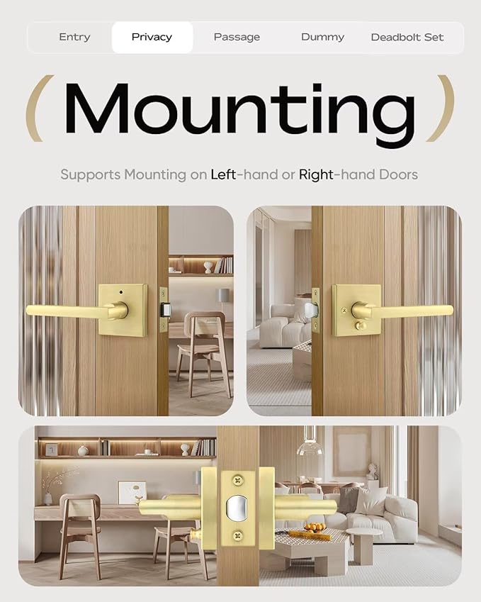 Leydebong 1 Pack Gold Door Handles, Keyless Privacy Door Levers Bed and Bath Leverset Lockset, Universal Handing with Square Door Knobs, Satin Brass Finish