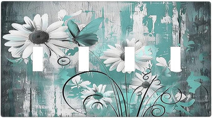 Light Switch Covers Teal Daisy Floral Vintage Wood Plank Quad Toggle Electrical Faceplate 4 Gang Wall Plate Decorative Switch Plates For Farmhouse Cabin Decor