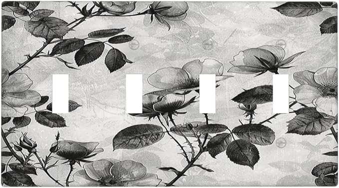 Light Switch Covers Black Breezy Watercolor Garden Floral Quad Toggle Electrical Faceplate 4 Gang Wall Plate Decorative Switch Plates for Bedroom Home Decor