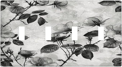 Light Switch Covers Black Breezy Watercolor Garden Floral Quad Toggle Electrical Faceplate 4 Gang Wall Plate Decorative Switch Plates for Bedroom Home Decor