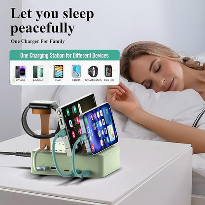 KFD Charging Station for Multiple Devices, 70W 5-Port USB C Fast Charger Stations for iPhone iPad Android Cell Phone Kindle Tablet, Multi-Device Organizer Docking Station, Multi Charger Organizer