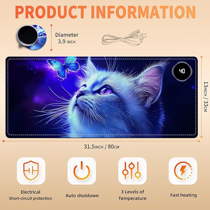 Heated Mouse Pad, Warm Desk Pad, Keyboard Mat 31.5 x 13 Inch Large Size Intelligent Fast Heating, 3 Speed Adjustable, Timed Auto Power Off for Game Office Home,Blue Cat Butterfly
