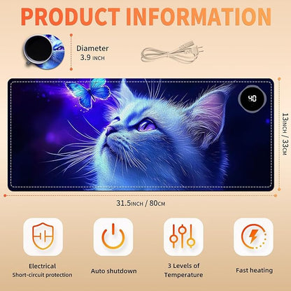Heated Mouse Pad, Warm Desk Pad, Keyboard Mat 31.5 x 13 Inch Large Size Intelligent Fast Heating, 3 Speed Adjustable, Timed Auto Power Off for Game Office Home,Blue Cat Butterfly