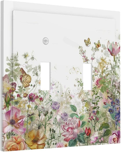 Decorative Switch Plates Boho Wildflower Colorful Floral Butterfly 2 Gang Double Toggle Outlet Light Switch Cover Wall Plate Electrical Faceplate For Bed Room Living Room Decor