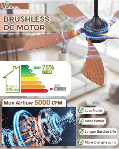 Sofucor 45" Smart Ceiling Fan, Indoor/Outdoor Ceiling Fans with Lights and Remote, Work with Alexa/Google/App, 3-Color Light 6-Speed Timing Reversible DC Motor for Bedroom Living Room Patio