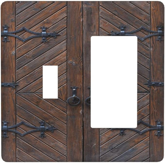 Decorative Outlet Covers Vintage Brown Wood Barn Door 2 Gang Wall Plate Single Toggle 1 Rocker Light Switch Cover Switch Plate Covers for Farmhouse Bedroom Home Decor