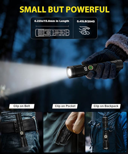 Rechargeable Flashlight High Lumens-Super Bright Magnetic Flash Light with Power Digital Display, Long Range,Dimmable,Waterproof,Pocket Handheld Tactical LED Flashlights for Emergency