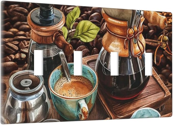 Decorative Light Switch Cover Plate Retro Coffee Maker Beans Cup 4 Gang Wall Plate Oversized Quad Toggle Switch Cover Plate Jumbo Faceplate for Kirchen Home Decor