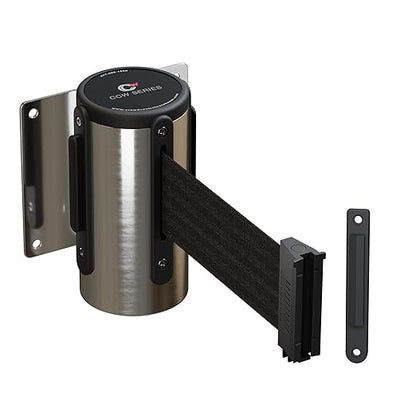 Crowd Control Warehouse - CCW Series WMB-120 Fixed Wall Mount Retractable Belt Barrier - 11 Foot, Black Belt with Stainless Steel Case, Crowd Control Barriers
