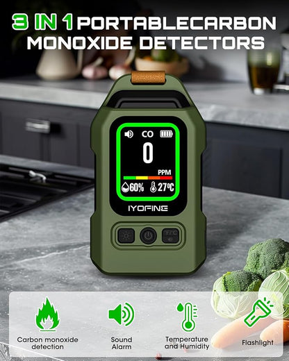 Portable Carbon Monoxide Detector for Travel, 300H Standby, CO Detector with Magnetic Back, Rechargeable 3-in-1 CO Monitor with Audible & Visual Alarm for Camping, Hotel, Car & RV (Green)