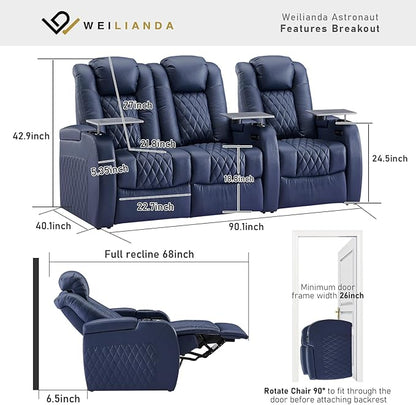 Weilianda Home Theater Seating Top Grain Leather Zero Gravity Recliner Chair Power Headrest Recline Movie Seat Gaming 7 Colors Mood Light Sofa with Tray Table USB Charge Row of 3 Loveseat Left Blue