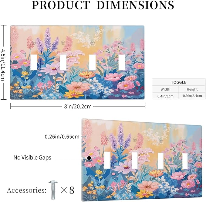 Light Switch Cover Plate Colorful Watercolor Flowers Wildflower Plants 4 Gang Quad Toggle Wall Plate Electrical Outlet Cover Decorative Switch Plate Covers for Bathroom Home Decor