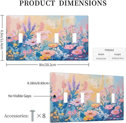 Light Switch Cover Plate Colorful Watercolor Flowers Wildflower Plants 4 Gang Quad Toggle Wall Plate Electrical Outlet Cover Decorative Switch Plate Covers for Bathroom Home Decor
