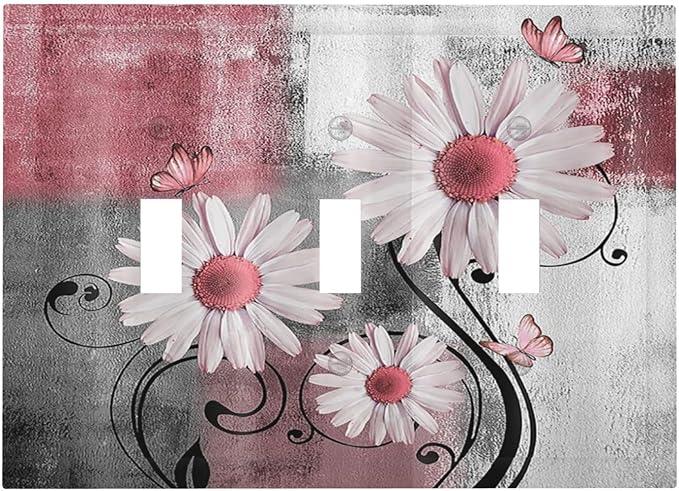 Decorative Switch Plates Pink Floral Rustic Daisy Flower And Butterfly 3 Gang Wall Plate Faceplate Triple Toggle Light Switch Cover Electrical Wall Panels for Farmhouse Cabin Decor