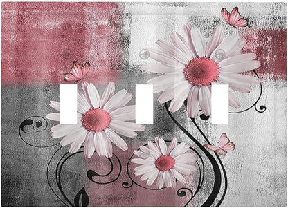 Decorative Switch Plates Pink Floral Rustic Daisy Flower And Butterfly 3 Gang Wall Plate Faceplate Triple Toggle Light Switch Cover Electrical Wall Panels for Farmhouse Cabin Decor