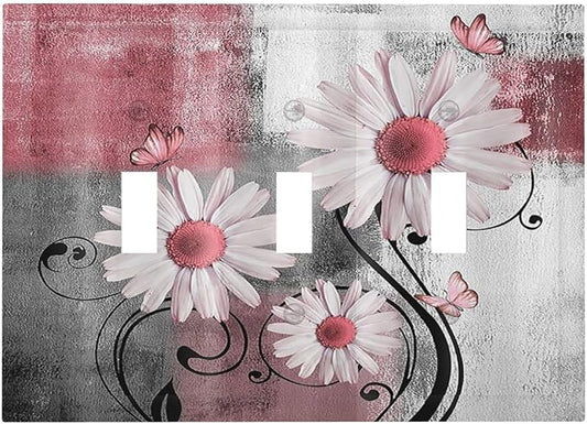 Decorative Switch Plates Pink Floral Rustic Daisy Flower And Butterfly 3 Gang Wall Plate Faceplate Triple Toggle Light Switch Cover Electrical Wall Panels for Farmhouse Cabin Decor