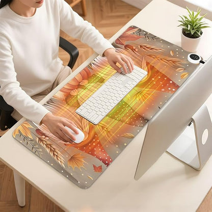 Heated Desk Pad Mouse Pad 31.5x13 Inch PU Leather Desk Mat with 3 Heat Levels Large Mouse Gaming Computer Laptop Mat Pumpkin Gnomes Maple Leaf