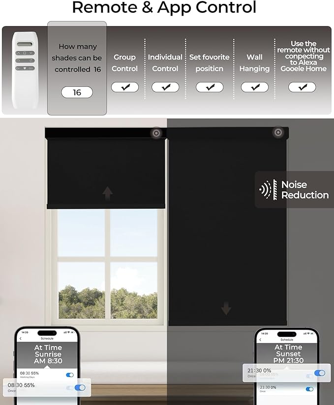 Motorized Roller Shade with Remote Control, 100% Blackout Electric Blinds for Windows with Alexa Google Home via Hub, Rechargeable Smart Automatic Customized Size（Dule Side-Black）