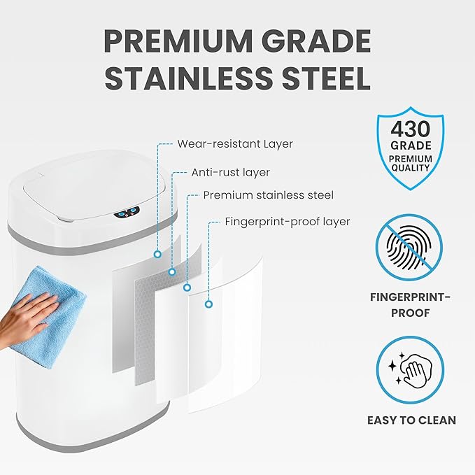 SensorCan 13 Gallon Automatic Sensor Trash Can with Lid, AC Adapter Included, AbsorbX Odor Control, Chalk White Stainless Steel Kitchen Garbage Bin, Fingerprint-Proof, Hands-Free Operation, Oval