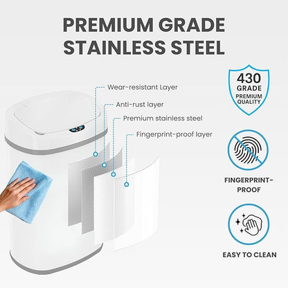 SensorCan 13 Gallon Automatic Sensor Trash Can with Lid, AC Adapter Included, AbsorbX Odor Control, Chalk White Stainless Steel Kitchen Garbage Bin, Fingerprint-Proof, Hands-Free Operation, Oval