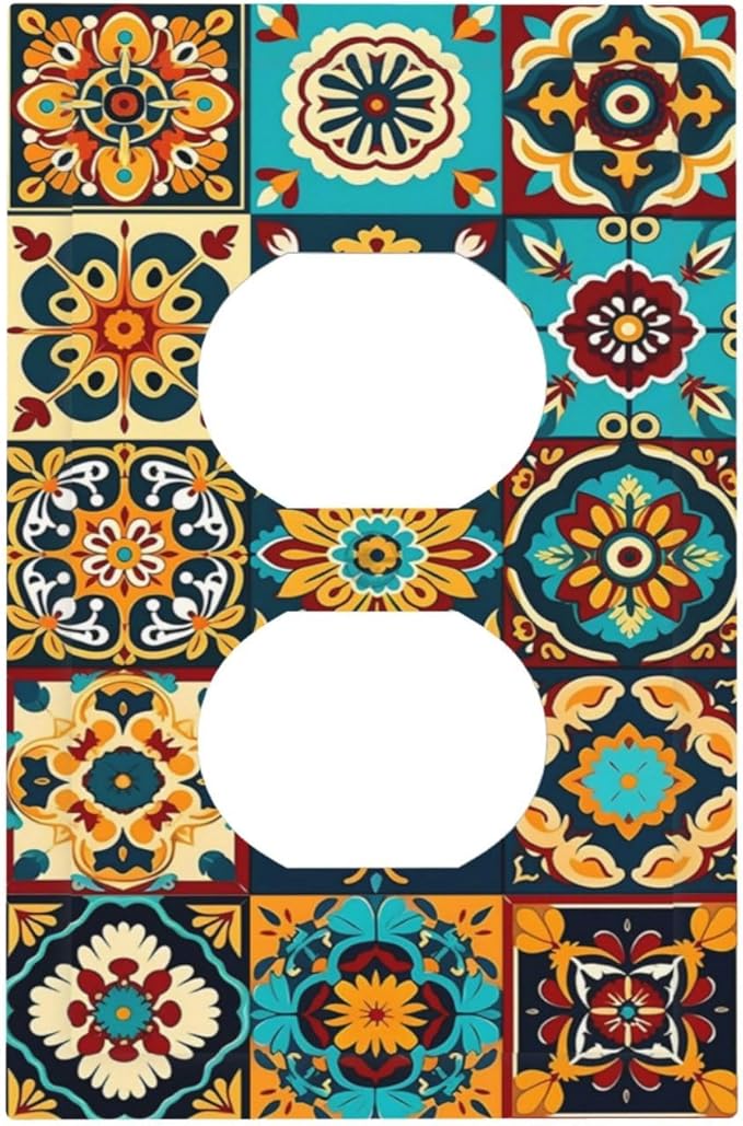 Mexican Talavera Ceramic Tile Moroccan Boho Outlet Covers 1 Gang Duplex Light Switch Cover Decorative Switch Plates Electrical Receptacle Faceplate Wall Plate for Bathroom Kitchen Decor