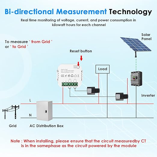 Smart Home Energy Monitor, with 2 x 120A CTs, Bi-Directional Power Tracking, Real-Time Electricity Usage Monitor, 2.4GHz Wi-Fi, Compatible with Tuya/Smart Life Apps