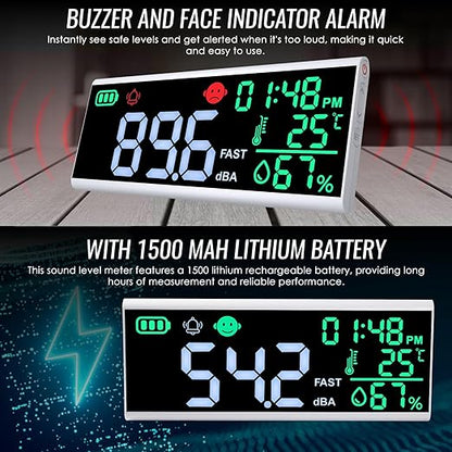 Decibel Meter 13 inches 30~130dB Sound Level Meter, Large LCD Display Wall Hanging Sound Gauge, Noise Level Detector, Decibel Monitoring Device, Time, Temperature, Humidity for Studio Classroom Home