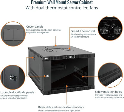 Tecmojo 6U Wall Mount Rack with Thermostat, 17.7inch Depth Enclosed Server Cabinet with 2 Cooling Fans,Lockable Door & Hardware,6U Rack for 19inch Equipments,Glass Door
