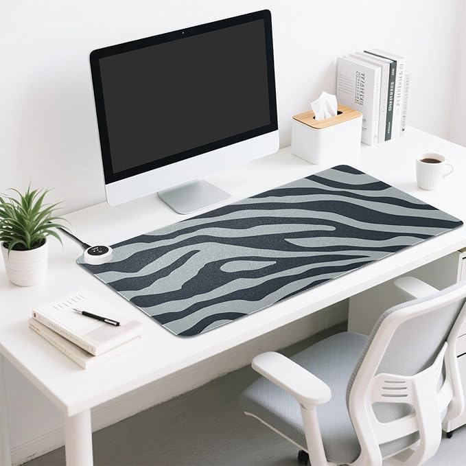 Heated Desk Pad Mouse Pad 31.5x13 Inch PU Leather Desk Mat with 3 Heat Levels Large Mouse Gaming Computer Laptop Mat Grey Zebra Print