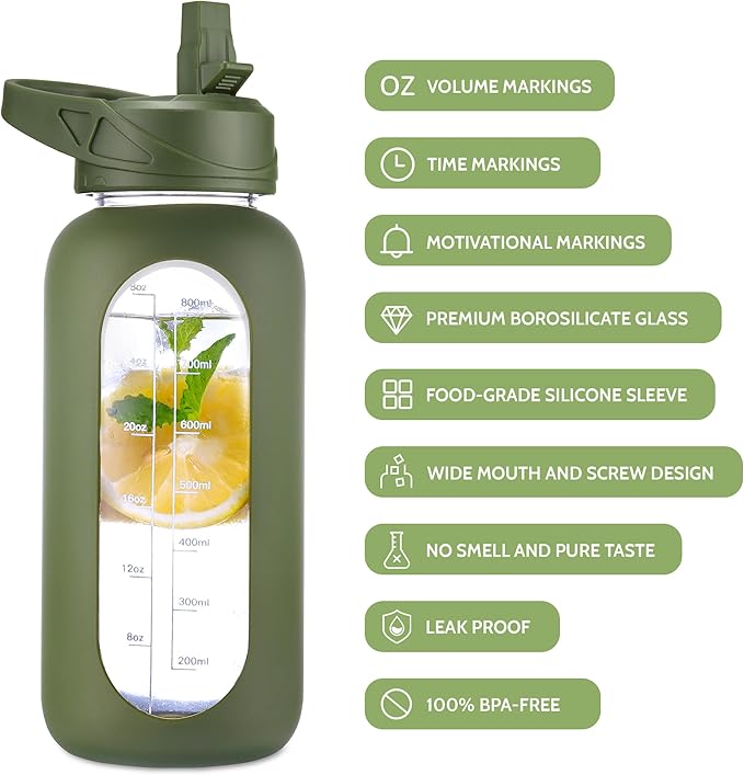 CIVAGO 32 oz Glass Water Bottle with Straw and Insulated Bottle Holder Sling, Motivational Water jug with Time Marker and Silicone Sleeve, Water Flask with 2 Lids for Walking and Gym Smog Blue