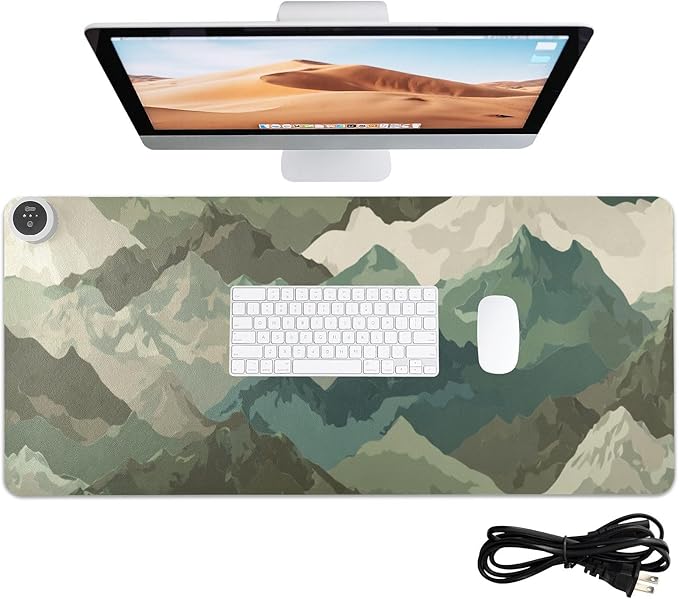 Heated Desk Pad Mouse Pad 31.5x13 Inch PU Leather Desk Mat with 3 Heat Levels Large Mouse Gaming Computer Laptop Mat Sage Green Camounflage Mountain