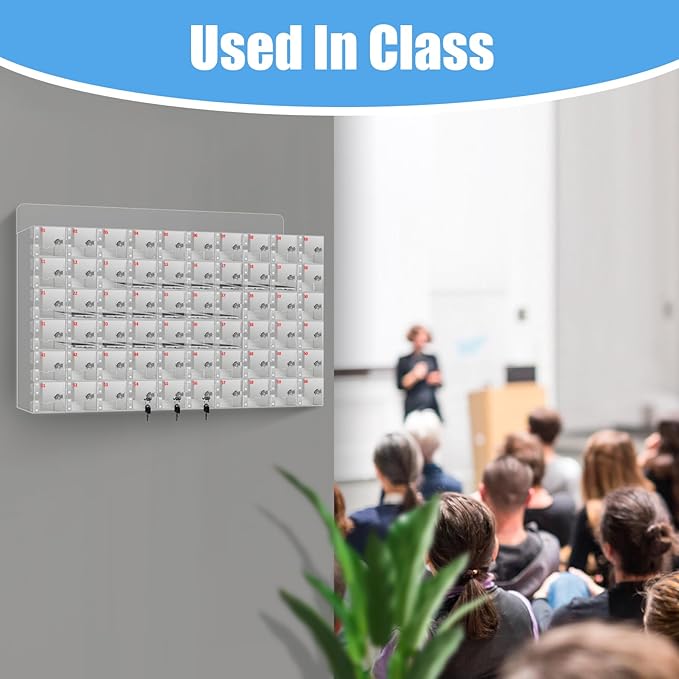 Cell Phone Storage Locker 60 Slots Acrylic Material with Door Locks and Keys, Wall-Mounted Cell Phone Storage Cabinet for Office Classroom Gym Firms, Lockers for Storage, Clear (Large 60 Slots)