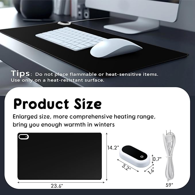 Konohan Heated Large Desk Mat PU Leather Warm Mouse Pad with 5 Heating Level & 4 Hour Auto Shut-Off Heating Keyboard Pad Warmer Gaming Mice Mat Only Supports 110v(Black Color,23.6"x 14.2")