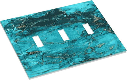 Decorative Light Switch Plate Covers Modern Abstract Turquoise Blue Marble Texture 3 Gang Artistic Wall Plate Unique Triple Toggle Light Switch Covers for Bathroom Home Decor