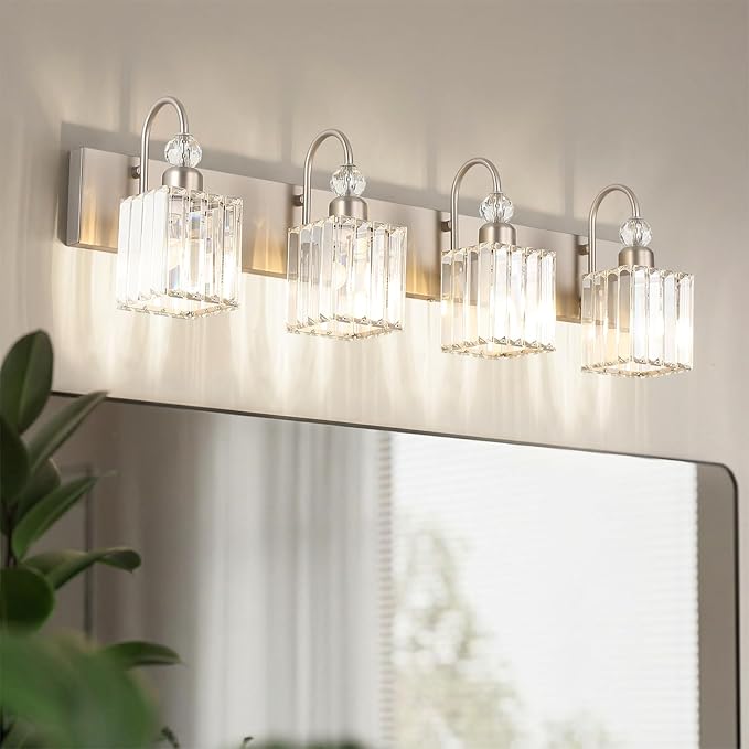 Ralbay Crystal Brushed Nickel Vanity Light for Bathroom 4-Light Modern Bathroom Light Fixtures