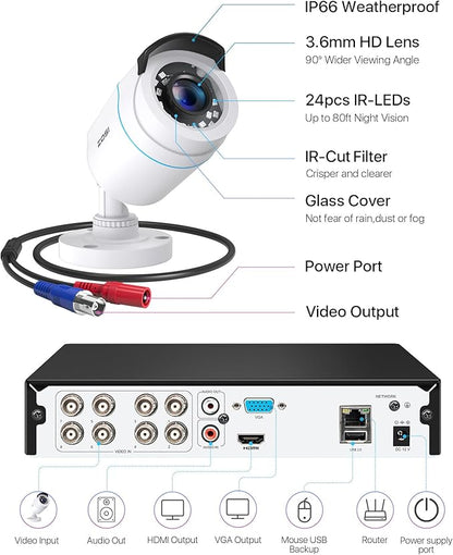 ZOSI 3K Lite Home Security Camera System with AI Human Vehicle Detection, 8CH DVR Recorder and 6 x 1080p Wired CCTV Bullet Cameras Outdoor Indoor, 80ft Night Vision, Remote Access (1TB Hard Drive)
