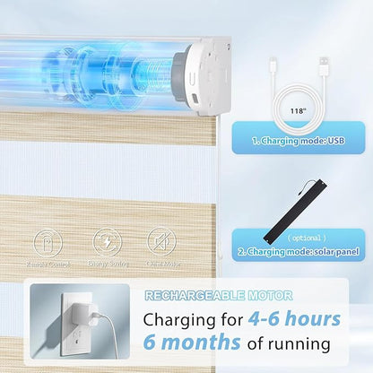 LazBlinds Motorized Zebra Roller Shades, Rechargeable Smart Blinds with Remote Control, Custom Size Light Filtering Dual Layer Roller Sheer Shades, Beige Linen