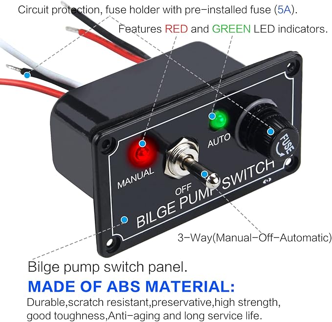 12V Bilge Pump Control Switch Panel 3 Way Manual/Off/Auto with LED Indicator 5A Fuse for Yacht Camper Truck Marine Boat