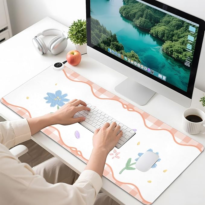 Orange Floral Plaid Heated Desk Pad Mouse Pad 31.5x13 Inch PU Leather Desk Mat with 3 Heat Levels Large Mouse Gaming Computer Laptop Mat