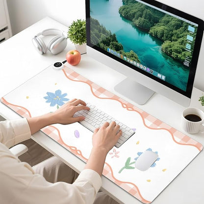 Orange Floral Plaid Heated Desk Pad Mouse Pad 31.5x13 Inch PU Leather Desk Mat with 3 Heat Levels Large Mouse Gaming Computer Laptop Mat