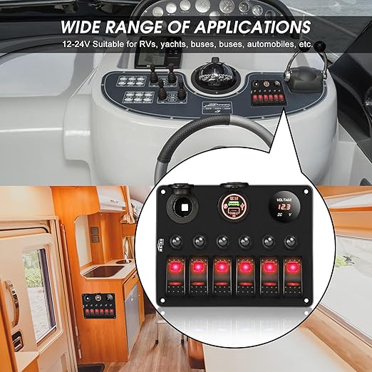 MKING 6 Gang Marine Switch Panel - Waterproof Rocker Switches with USB & Type-C Charger, Circuit Breaker, Digital Voltmeter, and Power Socket, Compatible with 12V-24V Vehicles