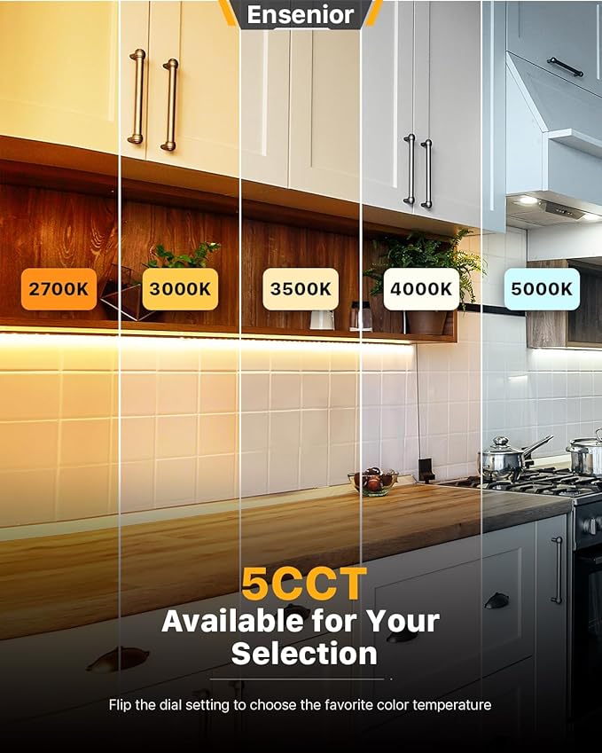 Ensenior 18 Inch LED Under Cabinet Lighting Hardwired, 5CCT, 10W 650LM, 2700K/3000K/3500K/4000K/5000K, Wired Under Cabinet Lights, Dimmable Under Counter Lights for Kitchen, FCC, 2 Packs