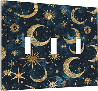 Decorative Switch Plates Modern Abstract Sky Blue Gold Moon Sun Star 3 Gang Wall Plate Triple Toggle Light Switch Cover Faceplate Electrical Wall Panels for Bedroom Kids room Decor