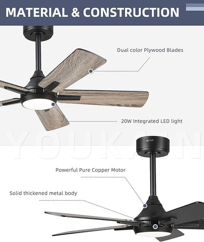 YOUKAIN Ceiling Fans with Lights, 42 Inch Black Ceiling Fans, Smart Ceiling Fan Works with Voice Control & Remote Control, Reversible Blades, Modern Led Ceiling Fan for Bedroom, 42-YJ812-BK