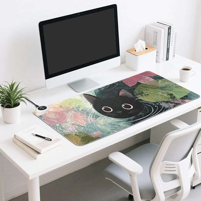 Heated Desk Pad Mouse Pad 31.5x13 Inch PU Leather Desk Mat with 3 Heat Levels Large Mouse Gaming Computer Laptop Mat Cat Lotus Flowers Blue