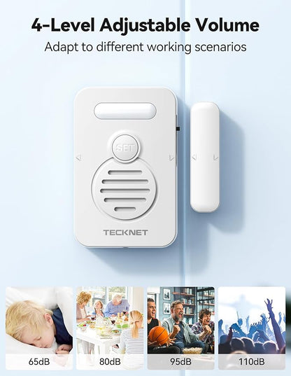 TECKNET Door Alarms for Kids Safety, Window Alarm with Smart Voice Alert, 4-Level Adjustable Volume, Refrigerator Sensor Pool Alarm Door Alarms when opened for Home Security、Fridge、Garage and Basement
