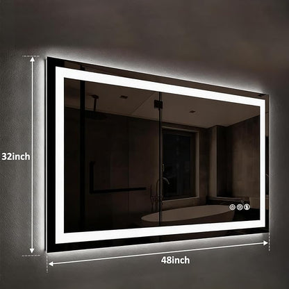 ROOMTEC 48 x 32 Inches LED Bathroom Mirror with Front and Backlit,Anti-Fog,3 Colors and Dimmable Light(Horizontal/Vertical), Silver