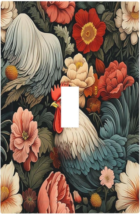 Decorative Light Switch Cover Rooster Flowers Red White Chicken Floral 1 Gang Single Toggle Device Electrical Faceplate Switchplates Decorator Outlet Wall Plate for living Room Farmhouse